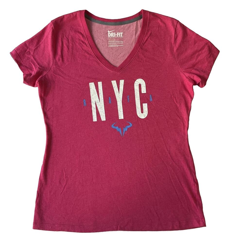 Nike Women Shirt L Pink Activewear Logo Dri-Fit V-Neck Pullover Short Sleeve NYC